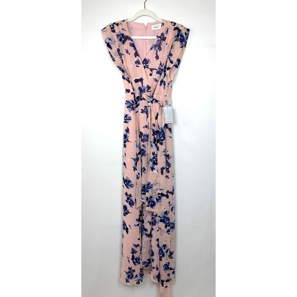 NWT Eliza J Floral Chiffon High-Low V-Neck Waist Tie Maxi Dress Pink Blue 2 - Picture 4 of 10